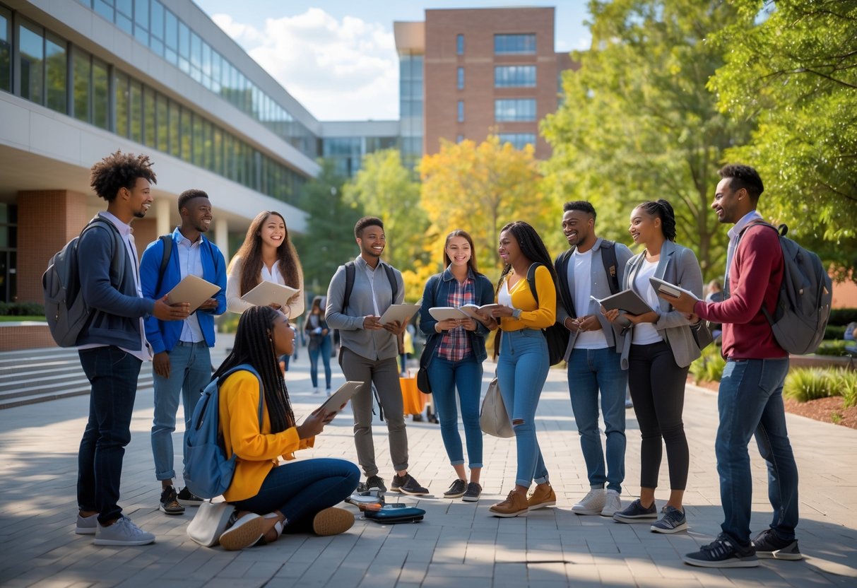 A diverse group of college students studying and talking together outdoors on a university campus with modern buildings and trees in the background.