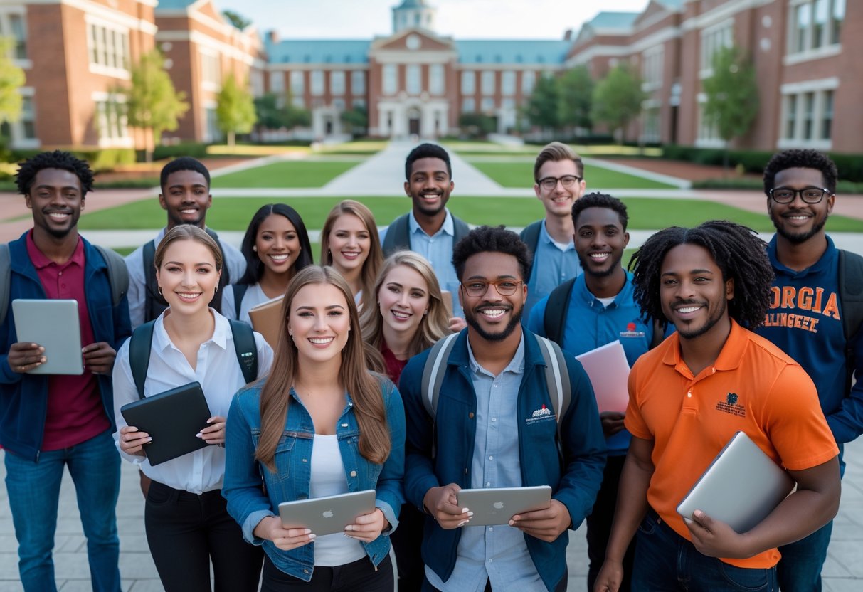 A group of diverse college students smiling and interacting outdoors on a university campus with academic buildings and green spaces in the background.