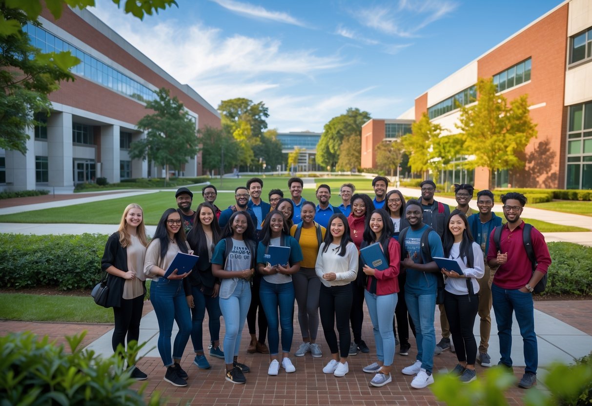 A diverse group of university students studying together outdoors on a college campus with modern buildings and green spaces in the background.