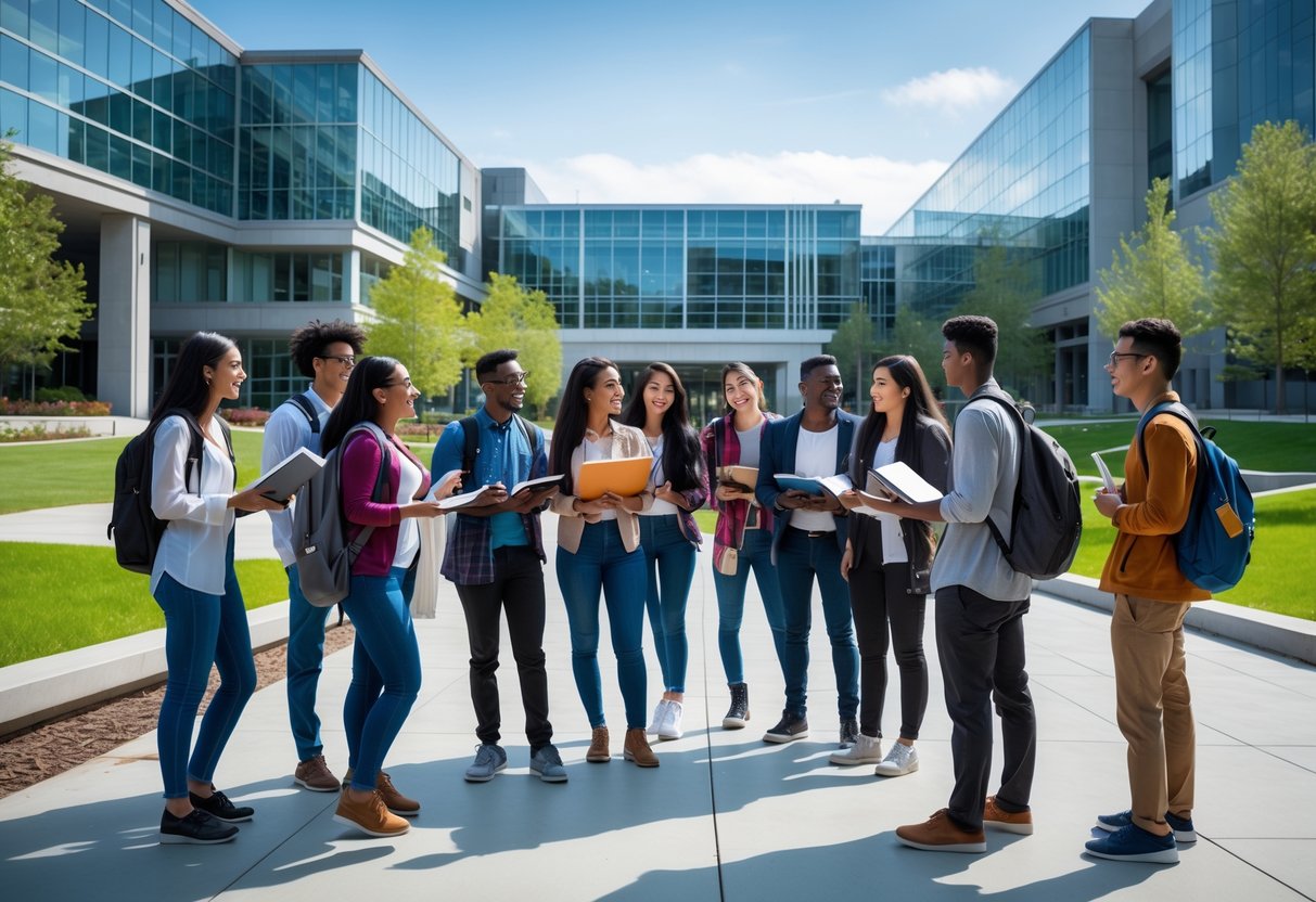 A diverse group of college students talking and studying together outdoors on a university campus with modern buildings in the background.