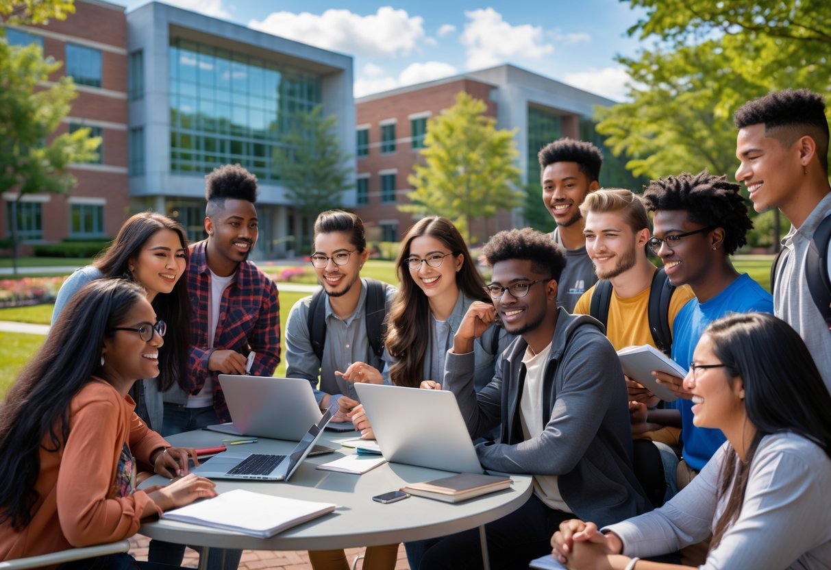 A diverse group of college students studying and talking together outside on a university campus.