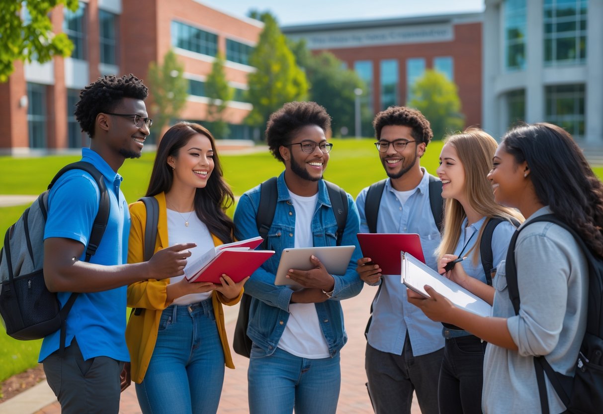 A group of diverse college students studying together outdoors on a university campus with modern buildings and greenery in the background.