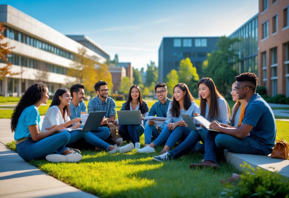 A diverse group of university students studying and discussing together outdoors on a sunny campus with modern buildings and greenery in the background.