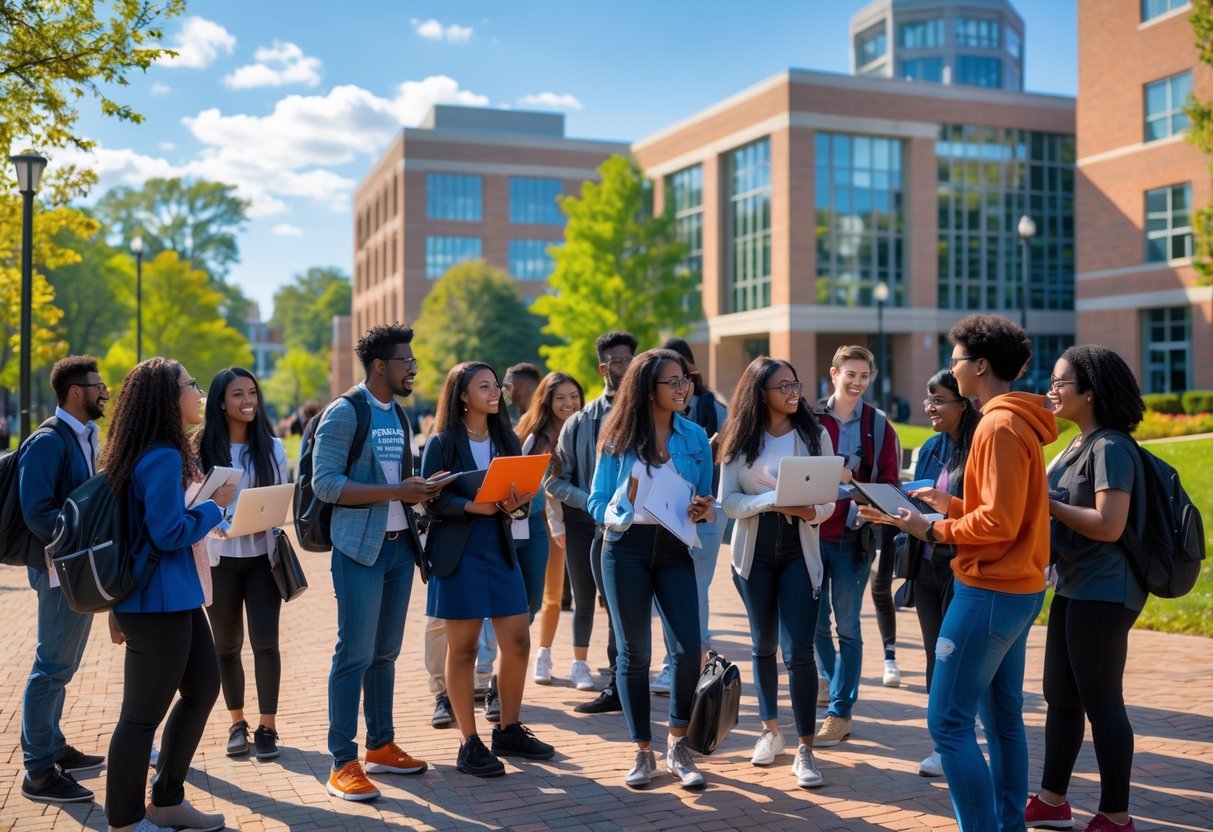 A diverse group of college students studying and collaborating outdoors on a university campus with modern buildings and trees in the background.