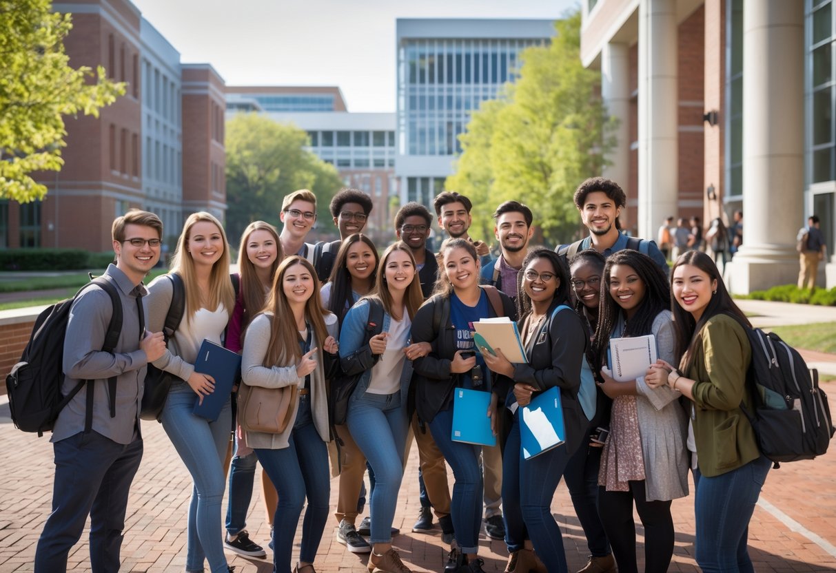A group of diverse college students smiling and interacting outdoors on a university campus with modern buildings and trees in the background.