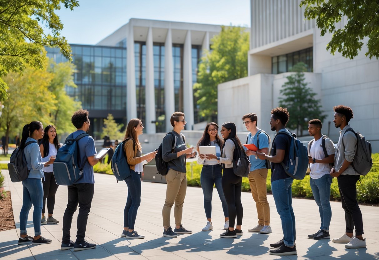 A group of diverse college students studying and talking together outdoors on a sunny university campus with modern buildings and trees.