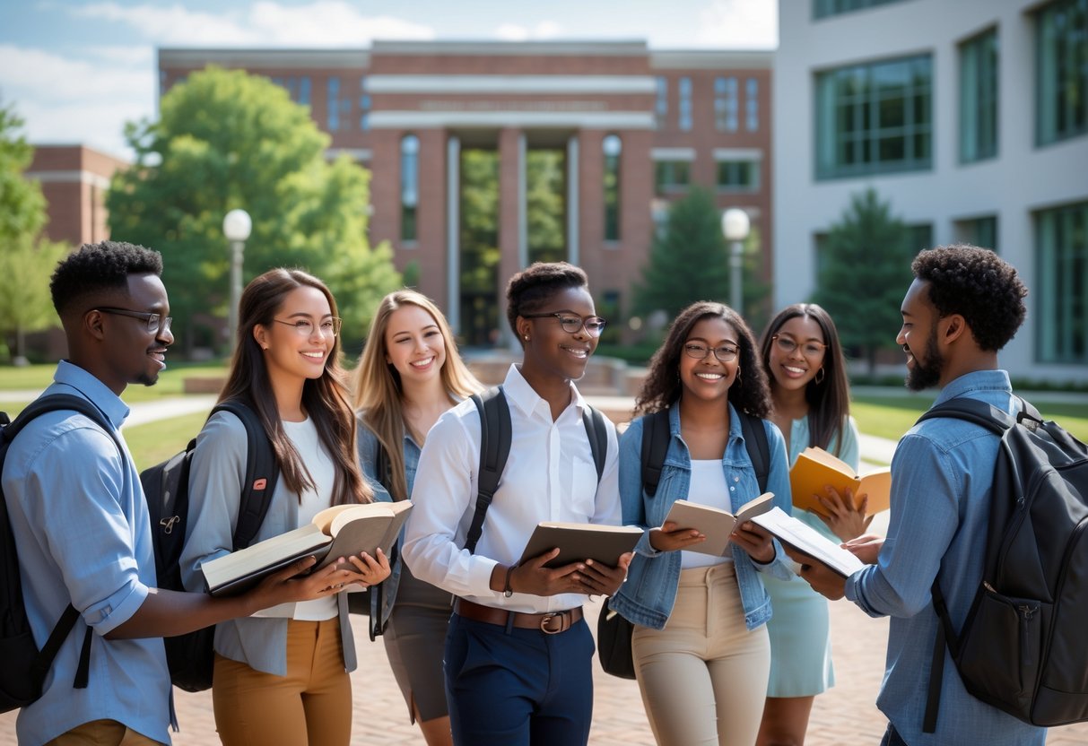 A diverse group of graduate students studying together outdoors on a university campus with modern buildings and trees in the background.