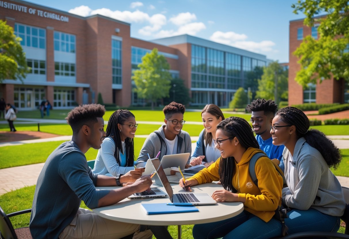 A group of diverse college students studying together outside on a university campus with modern buildings and green trees in the background.