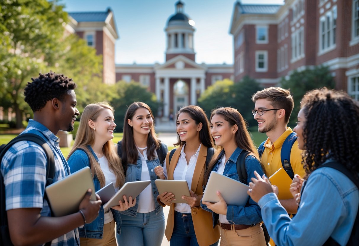 A diverse group of college students talking and studying together outdoors on a university campus with buildings and trees in the background.