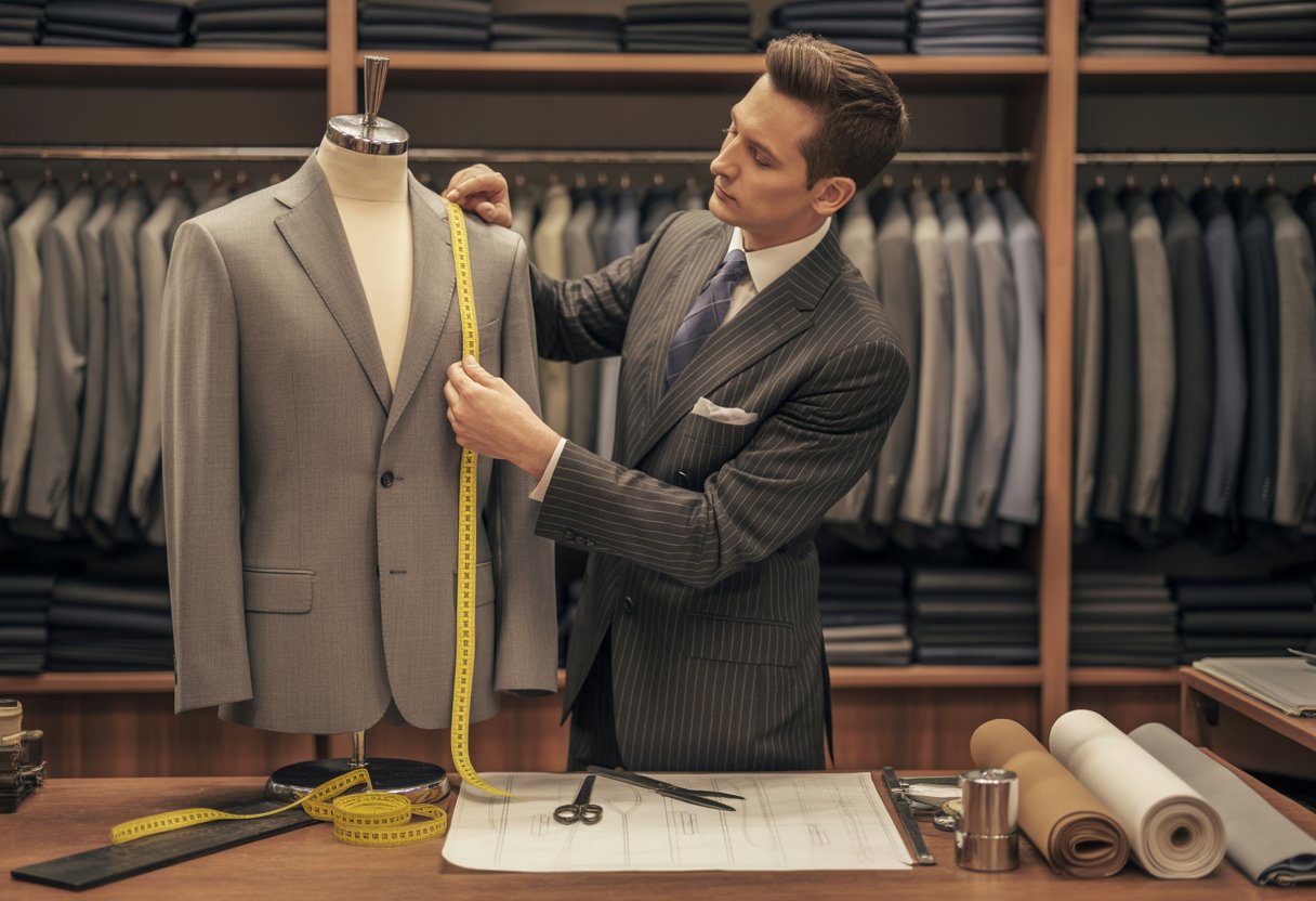 A tailor measuring a bespoke suit on a mannequin in a workshop filled with fabrics and tailoring tools.