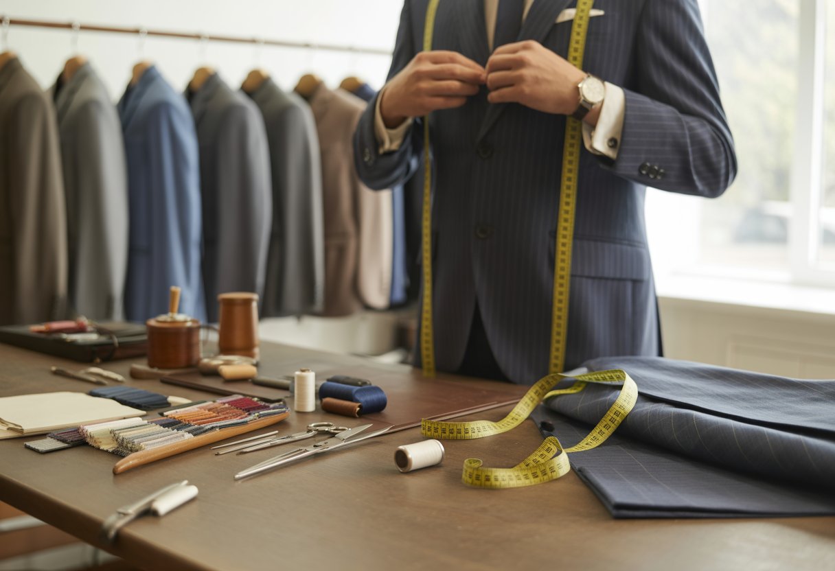 A tailor measuring a man for a custom suit in a workshop with tailoring tools and suits hanging in the background.