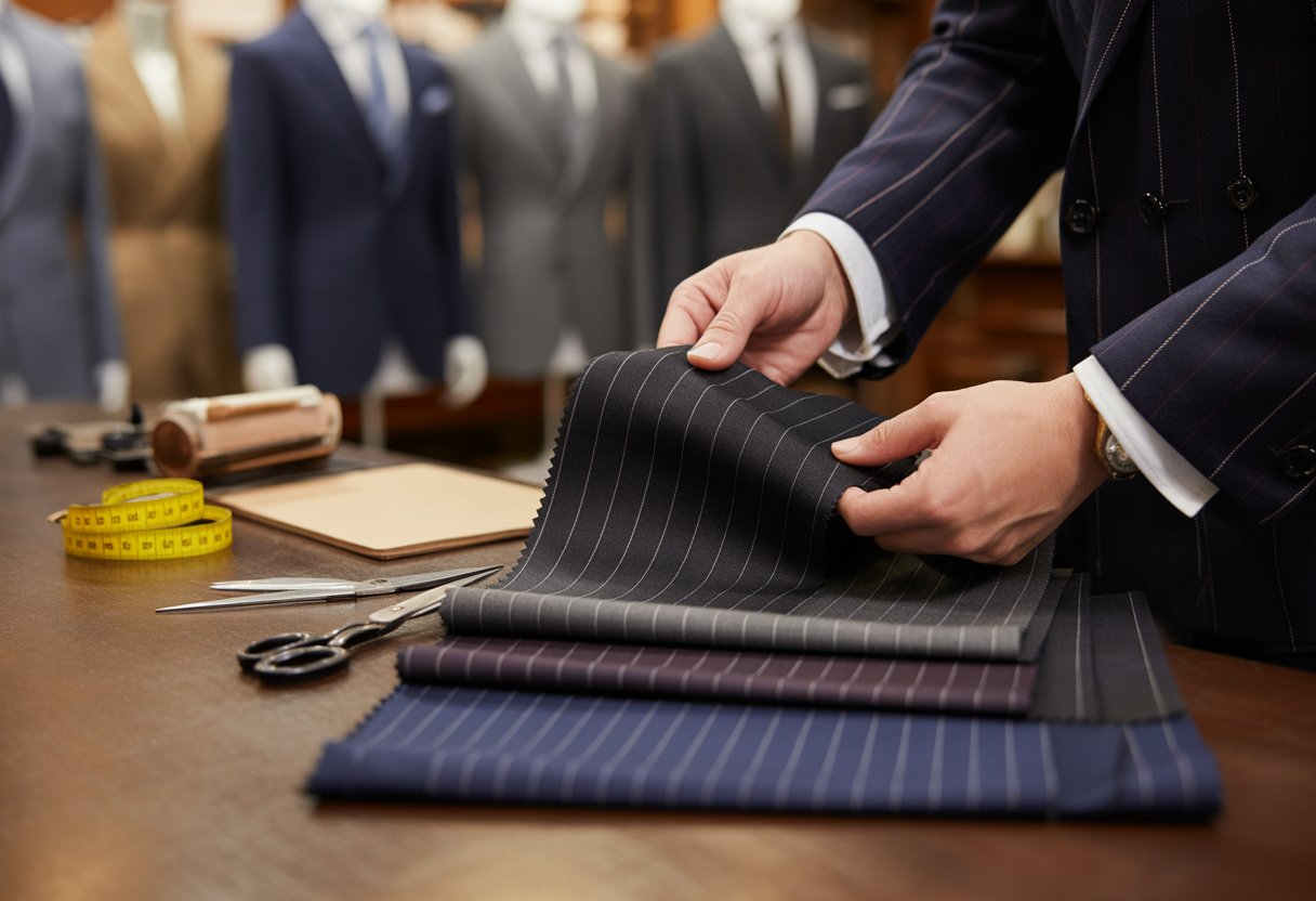Close-up of hands holding fabric swatches with sewing tools and mannequins in the background.