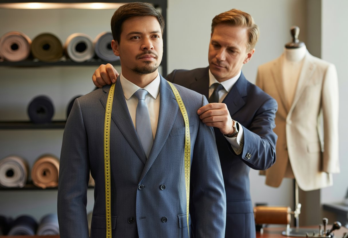 A man being measured by a tailor for a custom suit in a tailoring studio.