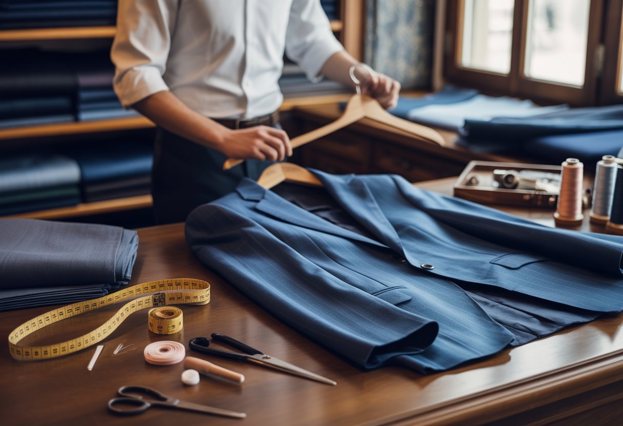 A tailorโs workshop with a bespoke suit jacket on a table and a tailor inspecting it.