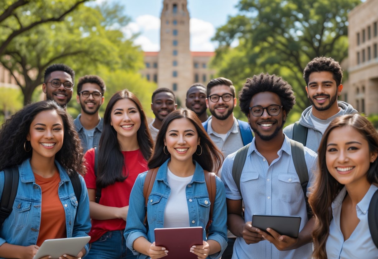 35 Fully Funded Scholarships | University of Texas at Austin 2026 1 A diverse group of university students smiling and interacting outdoors on a sunny day with the University of Texas at Austin campus and tower in the background.