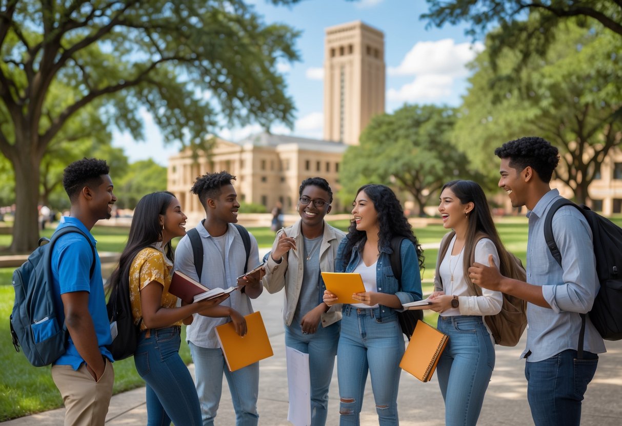 35 Fully Funded Scholarships | University of Texas at Austin 2026 2 A diverse group of college students studying and talking together outdoors on the University of Texas at Austin campus with campus buildings and trees in the background.