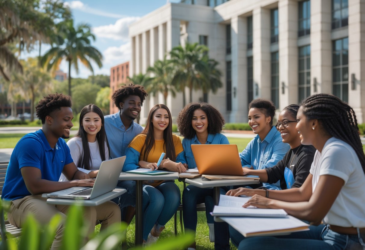 A group of diverse university students studying and smiling outdoors on a sunny day at a university campus.