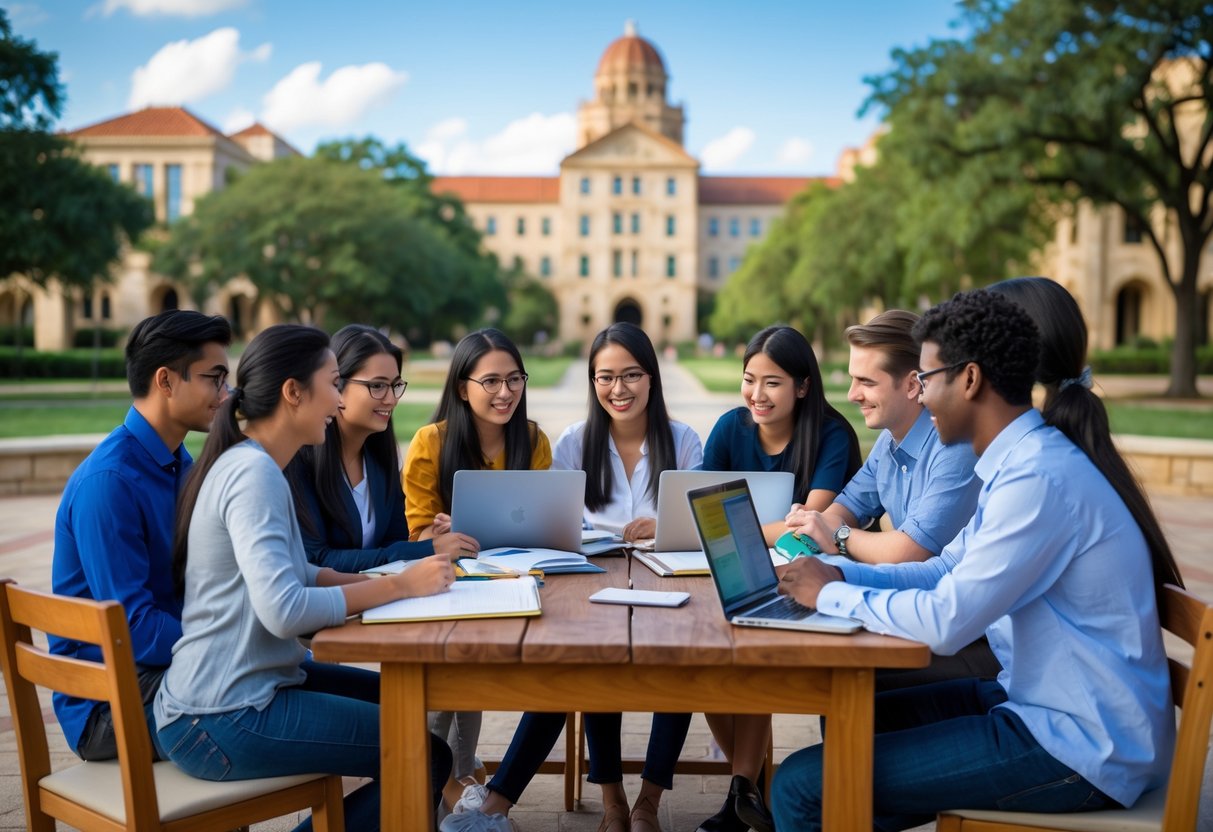 35 Fully Funded Scholarships | University of Texas at Austin 2026 3 A diverse group of international graduate students studying together outdoors on a university campus with buildings and greenery in the background.