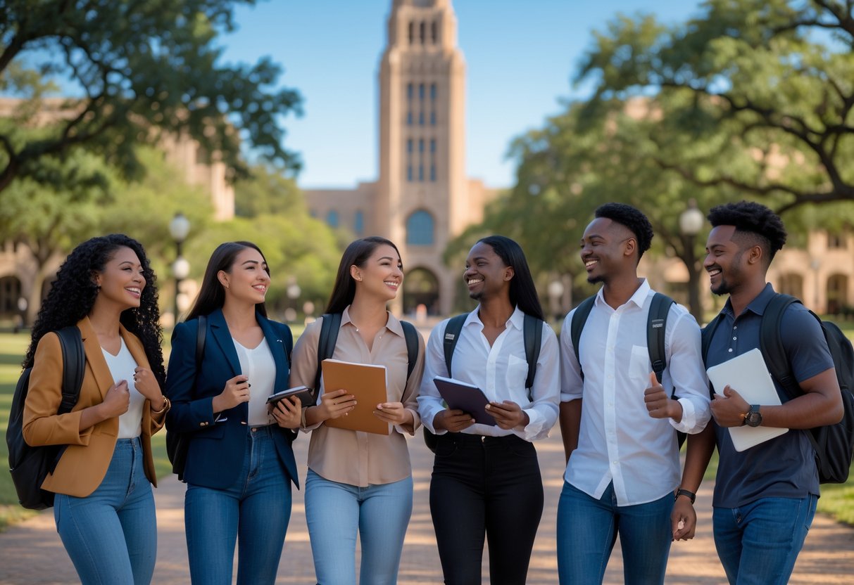 35 Fully Funded Scholarships | University of Texas at Austin 2026 4 A diverse group of university students smiling and talking together outdoors on a sunny day with the University of Texas at Austin campus buildings in the background.