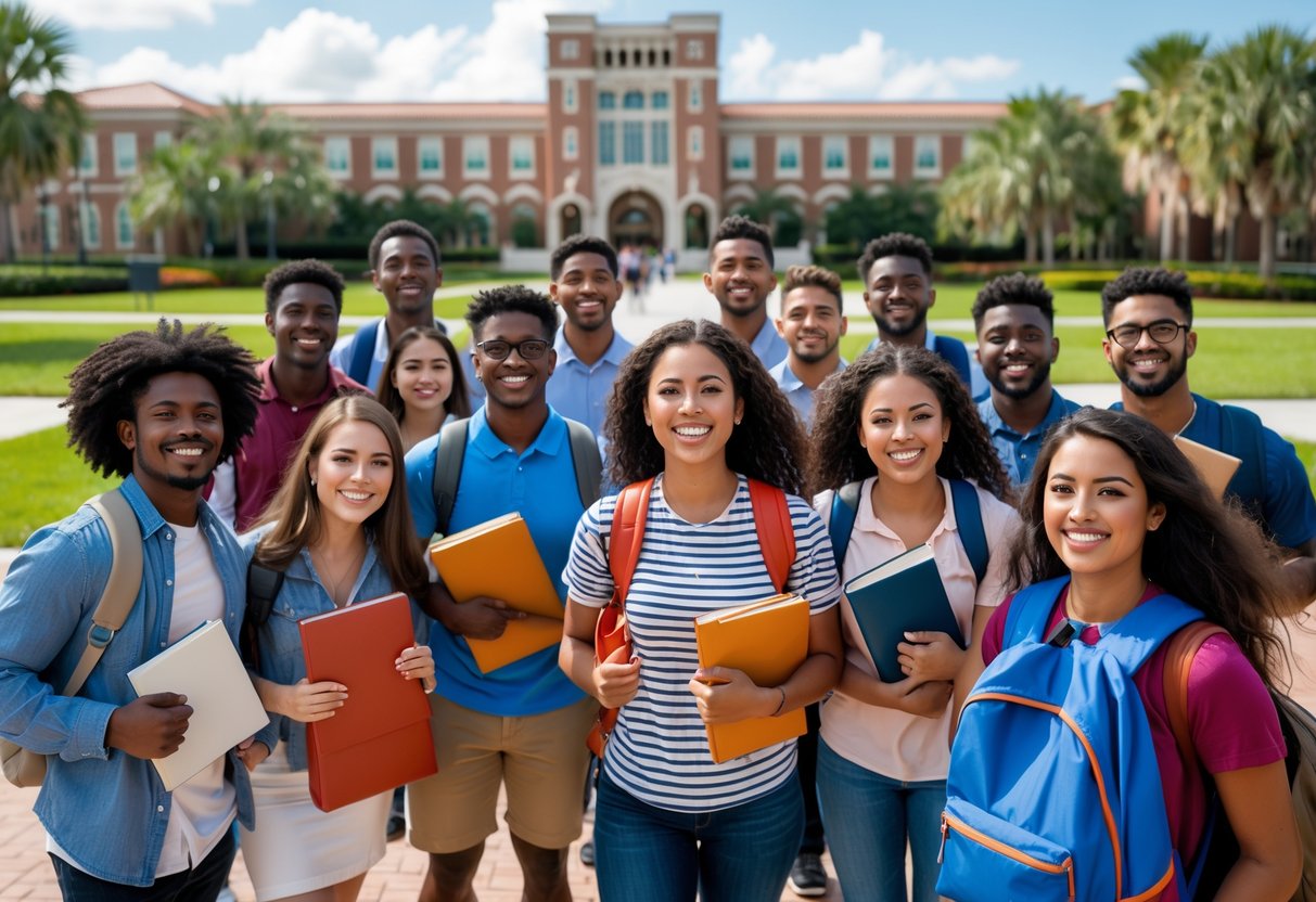 A group of diverse college students smiling and standing outside on a university campus with buildings and greenery in the background.