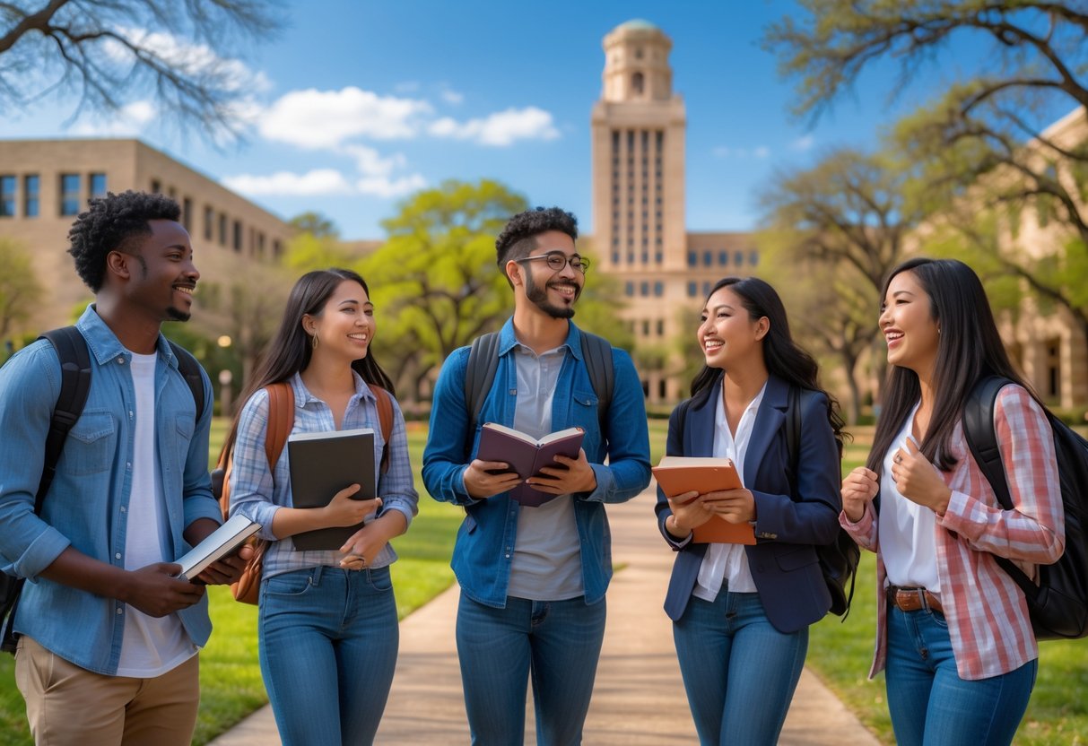 35 Fully Funded Scholarships | University of Texas at Austin 2026 5 A group of diverse university students smiling and talking outdoors on the University of Texas at Austin campus with the UT Tower in the background.