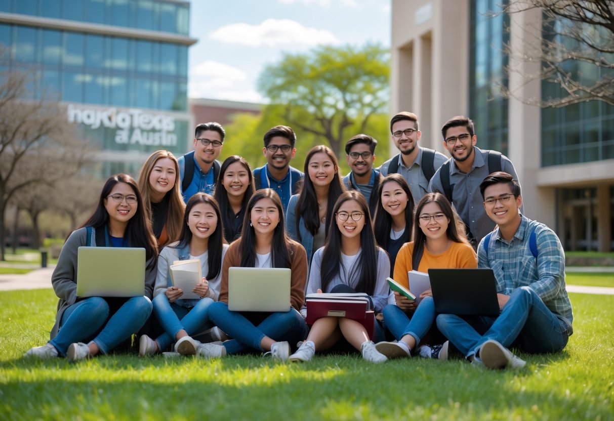 35 Fully Funded Scholarships | University of Texas at Austin 2026 6 A group of diverse college students studying together outdoors on a university campus with modern buildings and green lawns in the background.