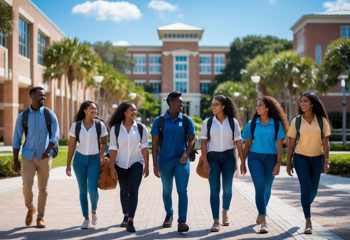 A group of diverse university students walking and talking on a sunny campus with academic buildings and trees in the background.