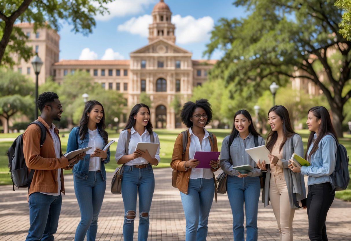 35 Fully Funded Scholarships | University of Texas at Austin 2026 7 A group of diverse college students studying and talking outdoors on a university campus with buildings and trees in the background.