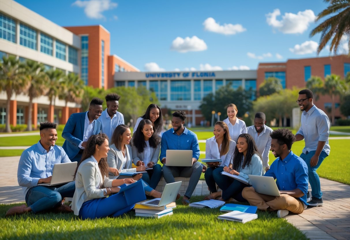A diverse group of graduate students studying and collaborating outdoors on a university campus with modern buildings and green lawns in the background.