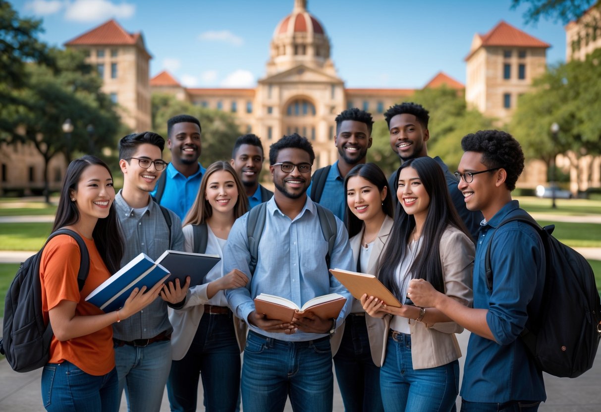35 Fully Funded Scholarships | University of Texas at Austin 2026 8 A diverse group of university students studying together outdoors on a sunny campus with university buildings and trees in the background.