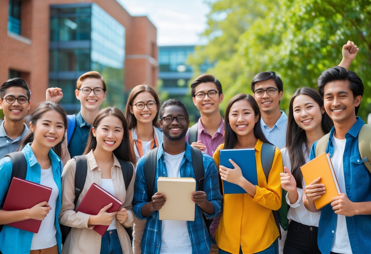 A group of diverse university students smiling and celebrating outdoors on a sunny campus with modern buildings and trees in the background.
