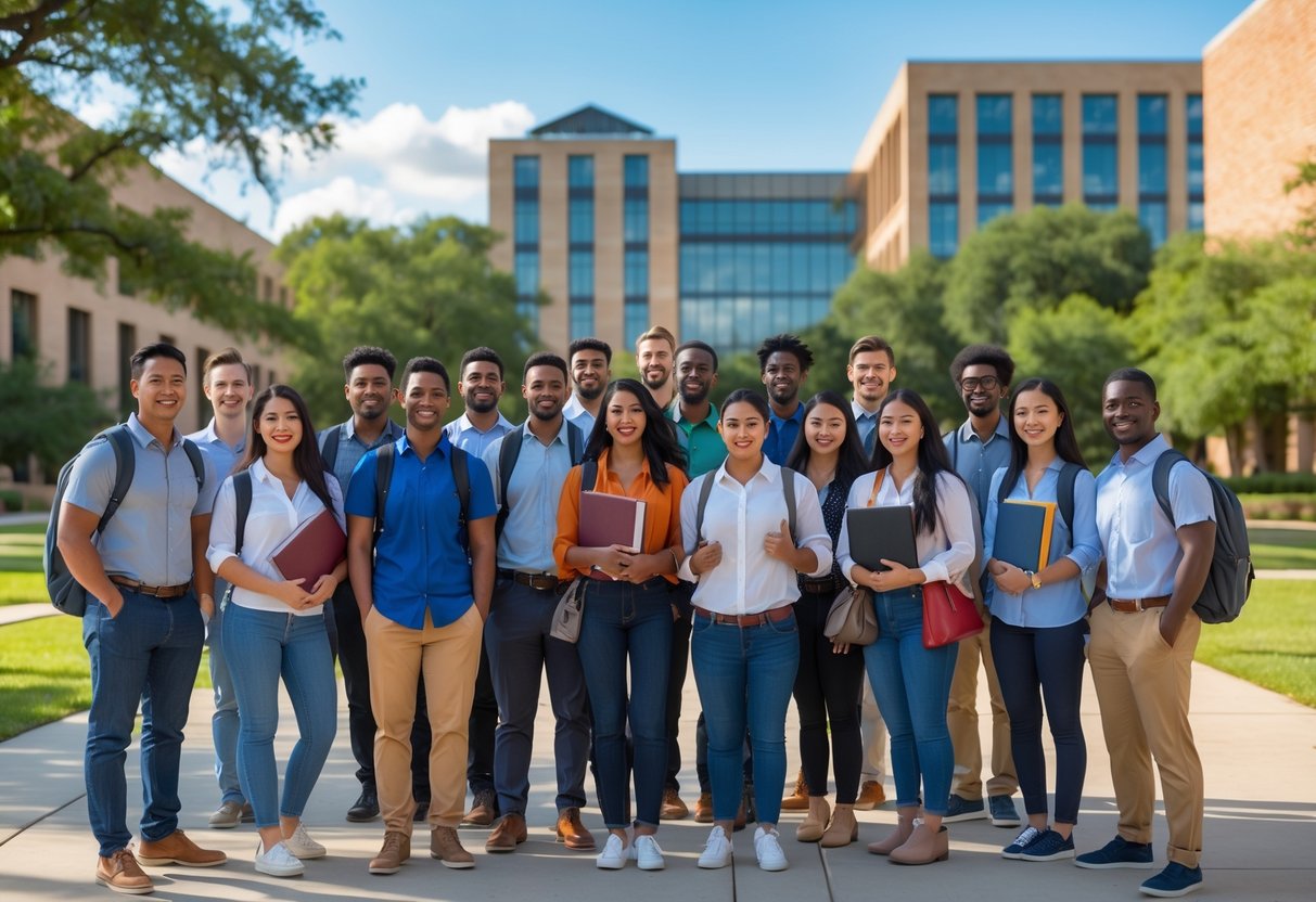 35 Fully Funded Scholarships | University of Texas at Austin 2026 9 A group of diverse university students standing outside on a sunny campus with academic buildings and trees in the background.