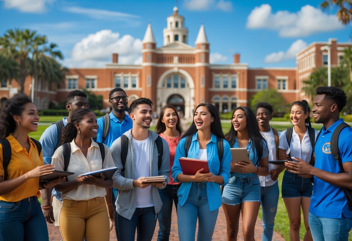 A diverse group of college students smiling and talking on a university campus with buildings and green lawns in the background.