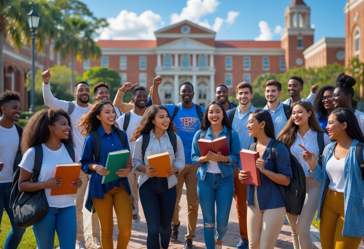 A group of diverse university students smiling and talking outdoors on a sunny day at a university campus.