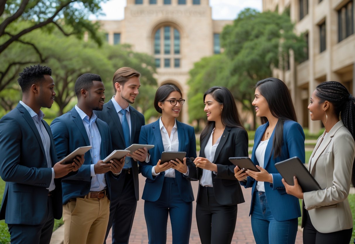 35 Fully Funded Scholarships | University of Texas at Austin 2026 10 A diverse group of university students discussing together outdoors on a university campus with academic buildings and trees in the background.