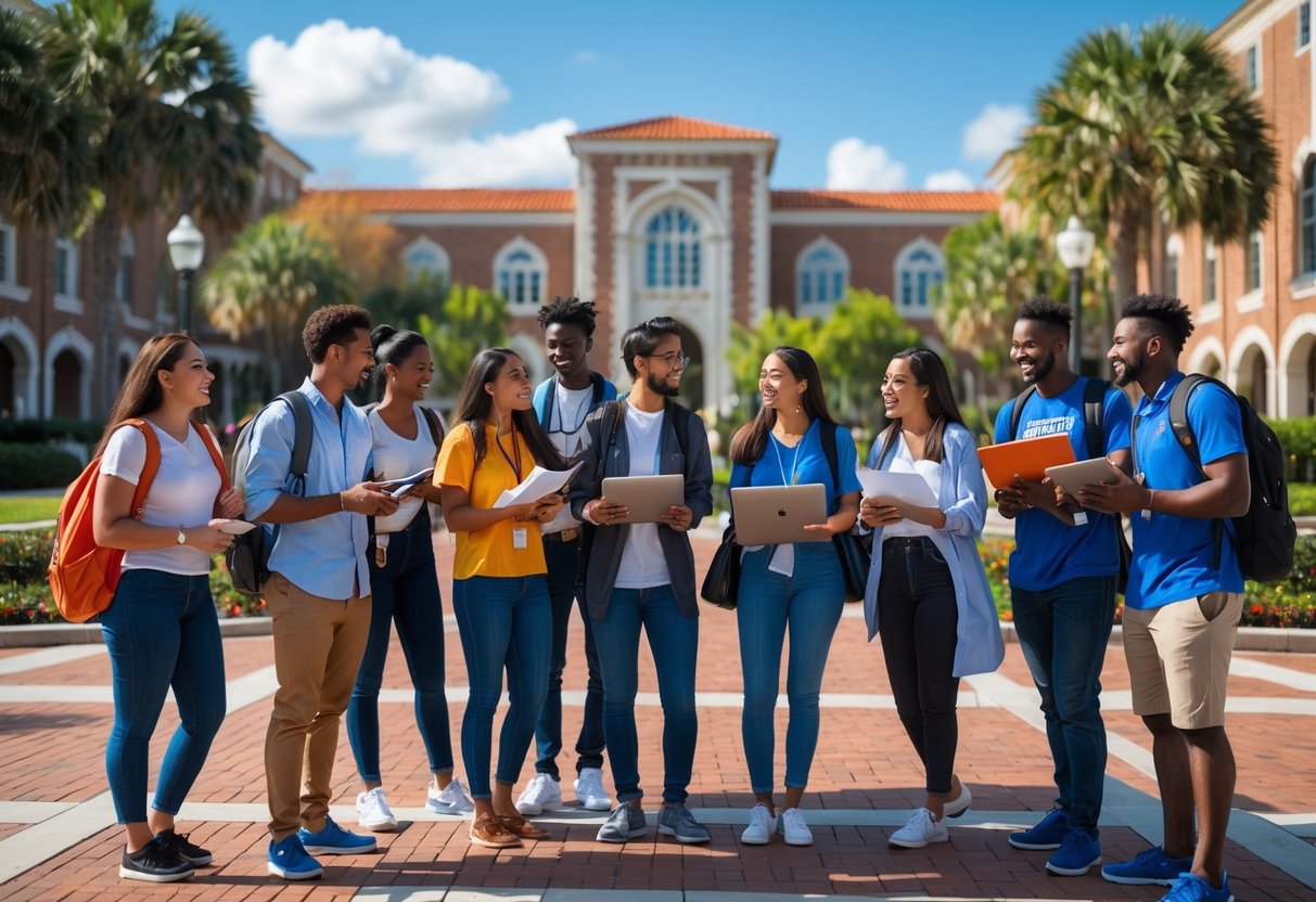 A diverse group of university students studying and collaborating outdoors on a sunny day at the University of Florida campus.