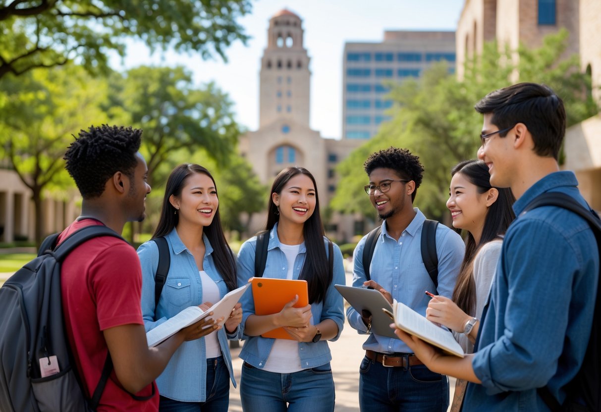 35 Fully Funded Scholarships | University of Texas at Austin 2026 11 A group of diverse university students studying and talking together outdoors on a sunny day at the University of Texas at Austin campus.