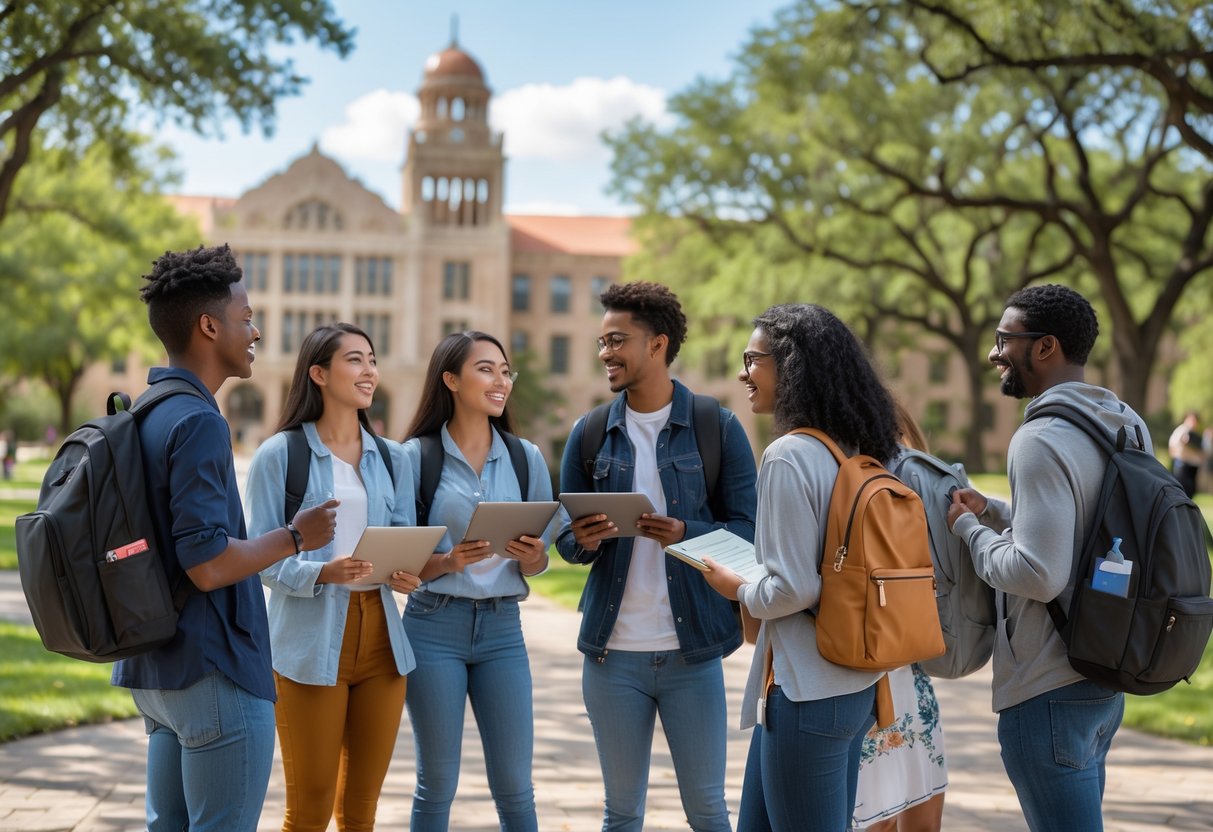 35 Fully Funded Scholarships | University of Texas at Austin 2026 12 A group of diverse college students studying and talking together outdoors on a university campus with buildings and trees in the background.
