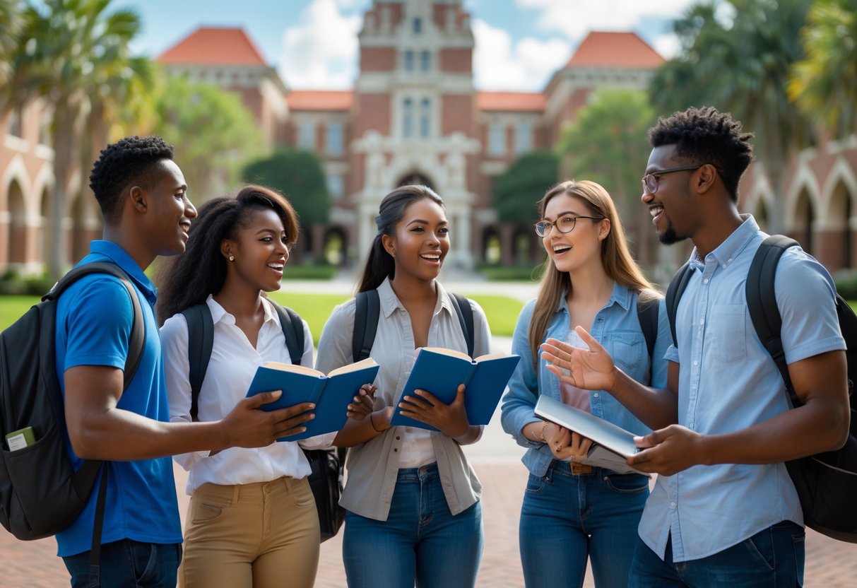 A group of diverse university students talking outdoors on a university campus with buildings and trees in the background.