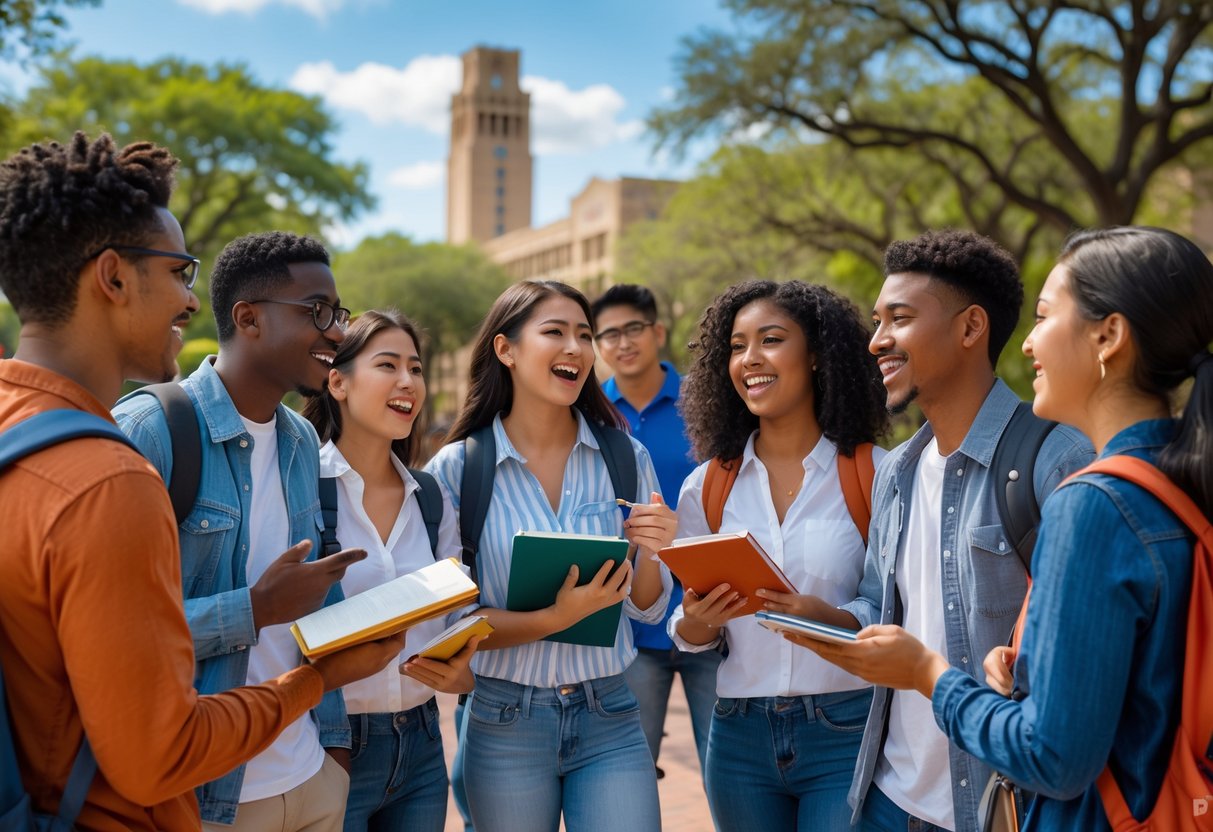 35 Fully Funded Scholarships | University of Texas at Austin 2026 13 A diverse group of university students talking and studying together outdoors on a sunny day at a university campus with a tall tower in the background.