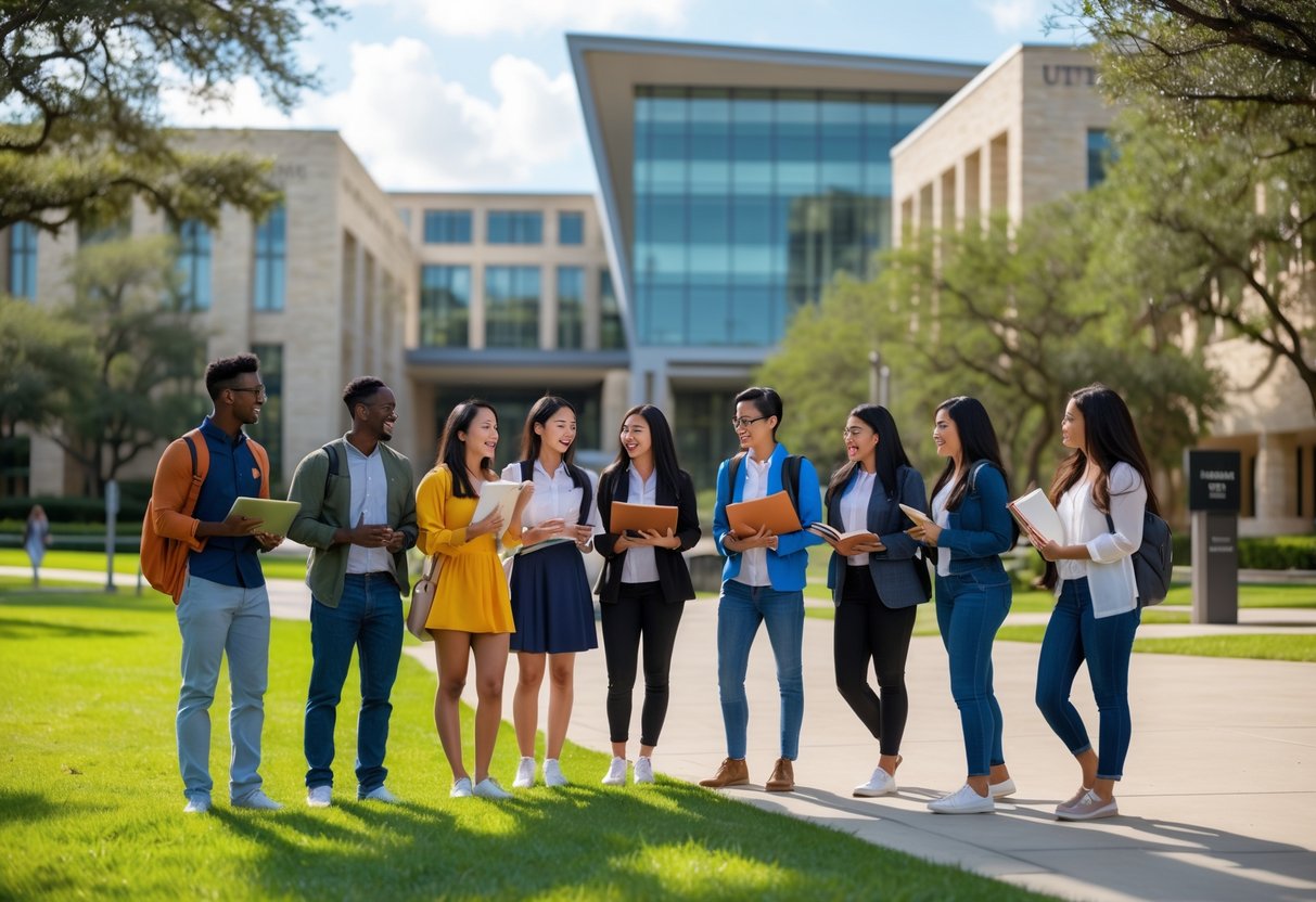 35 Fully Funded Scholarships | University of Texas at Austin 2026 14 A diverse group of students standing and talking outside the University of Texas at Austin campus on a sunny day.