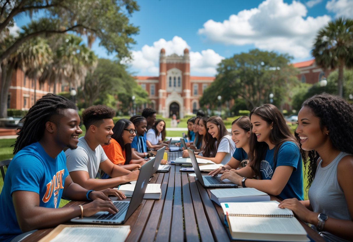 A diverse group of university students studying together outdoors on a sunny day at the University of Florida campus.