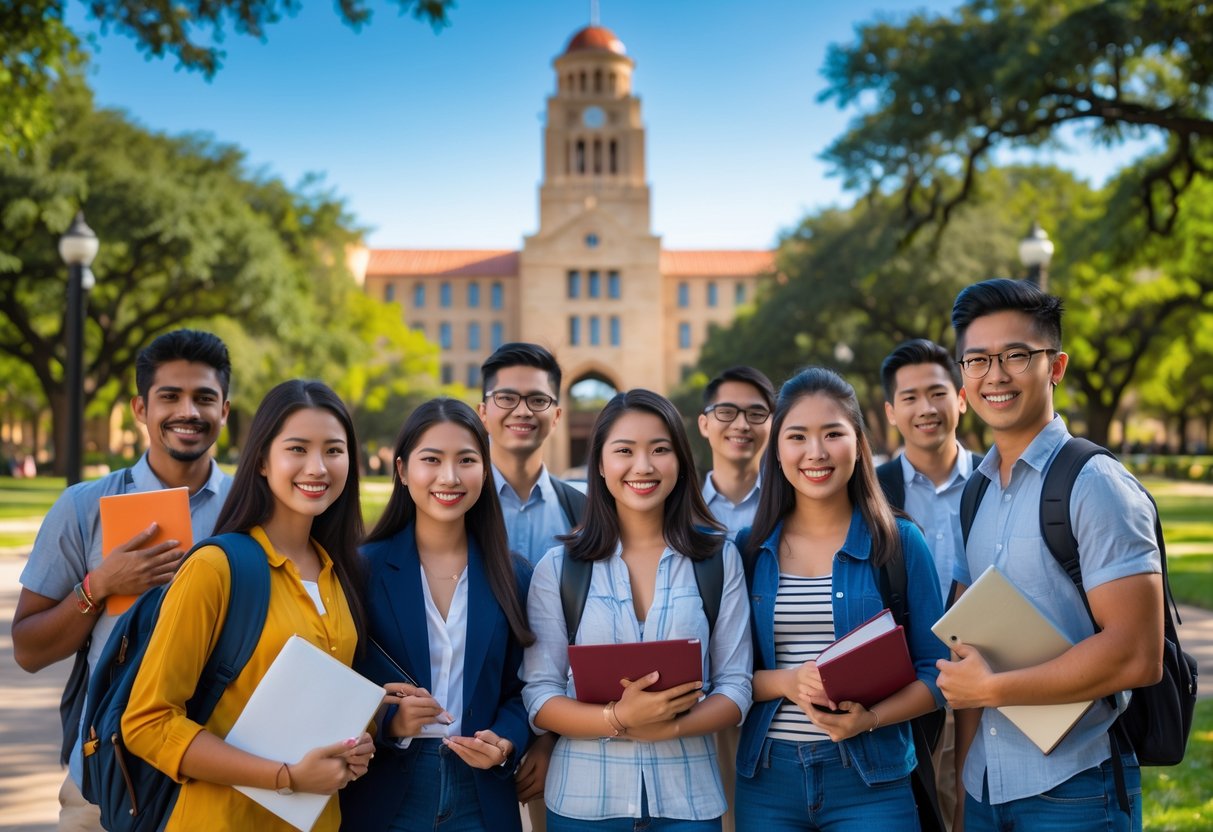35 Fully Funded Scholarships | University of Texas at Austin 2026 15 A diverse group of university students studying and smiling outdoors on the University of Texas at Austin campus with iconic buildings and trees in the background.