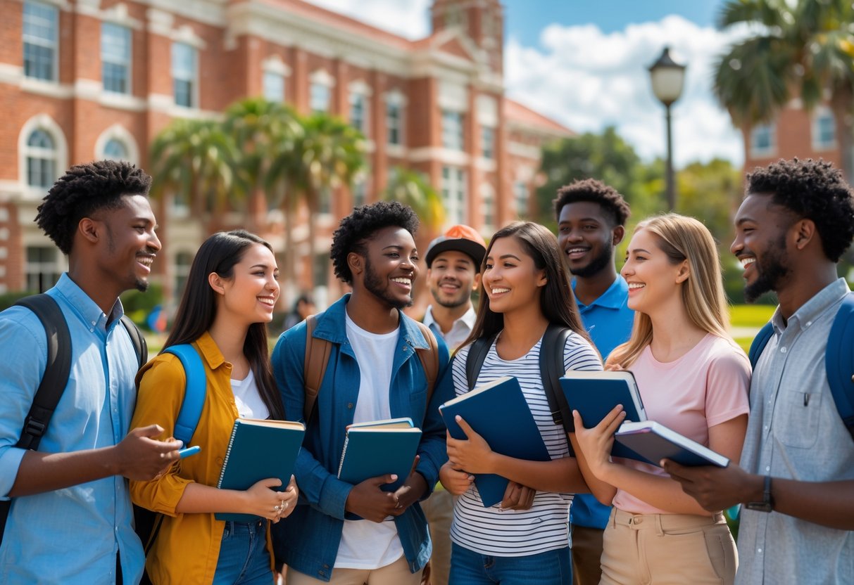 A group of diverse university students talking outdoors on a sunny day at the University of Florida campus.