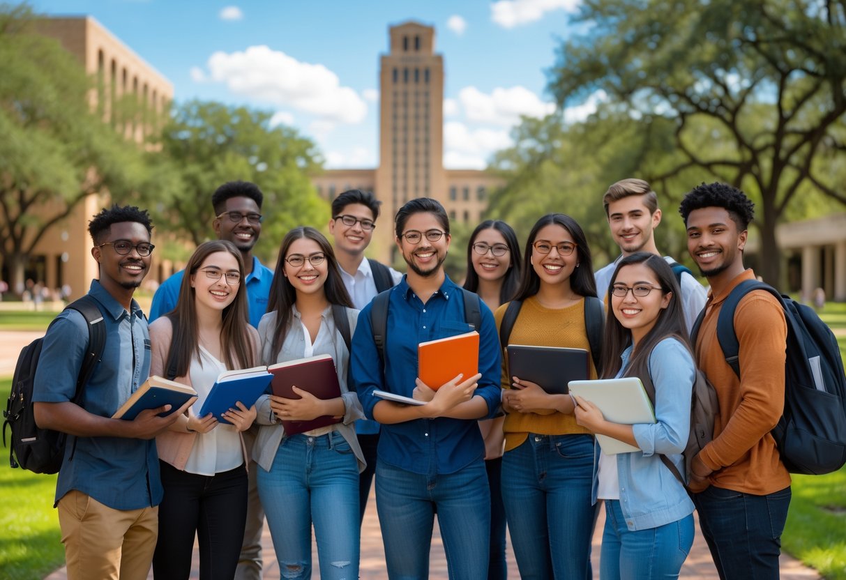 35 Fully Funded Scholarships | University of Texas at Austin 2026 16 A group of diverse college students studying together outdoors on a university campus with a tall tower building in the background.