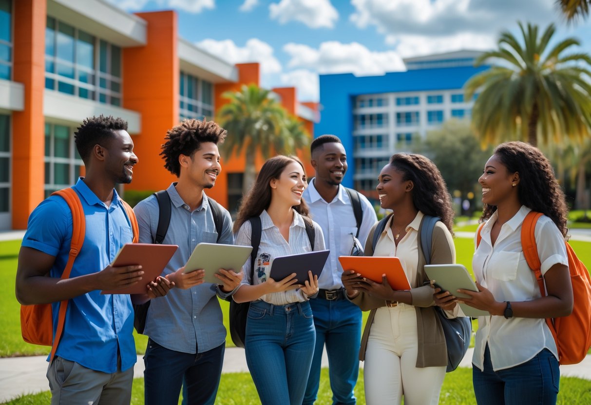 A diverse group of university students talking and studying together outdoors on a sunny day at a university campus with modern buildings and greenery.