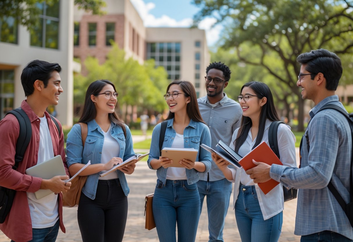 35 Fully Funded Scholarships | University of Texas at Austin 2026 17 A group of diverse undergraduate students talking and studying together outdoors on a university campus with modern buildings and trees in the background.