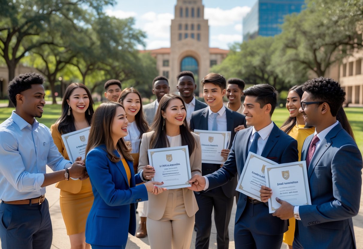 35 Fully Funded Scholarships | University of Texas at Austin 2026 18 A group of diverse graduate students outdoors at a university campus, smiling and celebrating fellowship awards with campus buildings and trees in the background.