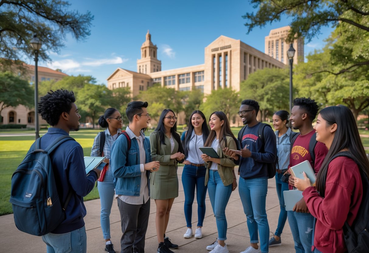 35 Fully Funded Scholarships | University of Texas at Austin 2026 19 A diverse group of university students talking and studying together outdoors on a sunny day at the University of Texas at Austin campus.