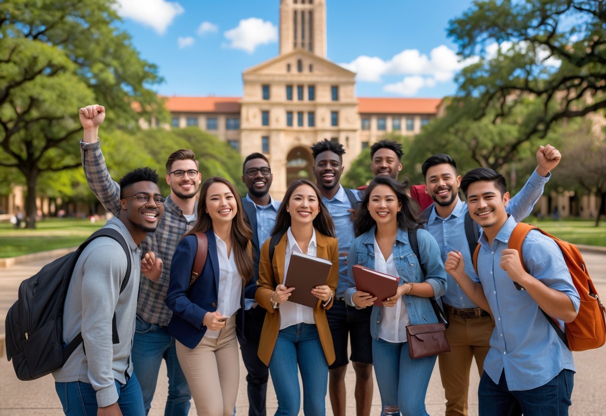 35 Fully Funded Scholarships | University of Texas at Austin 2026 20 A diverse group of happy university students standing and smiling outside a large university building on a sunny day.